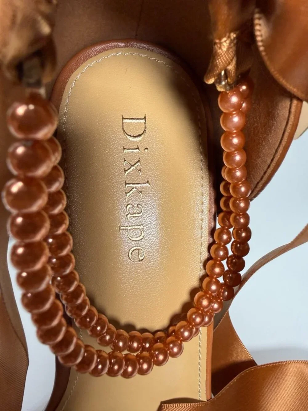 Dixkape Brown Pearl Embellished Satin Tie Block Heel Sandals Size 8